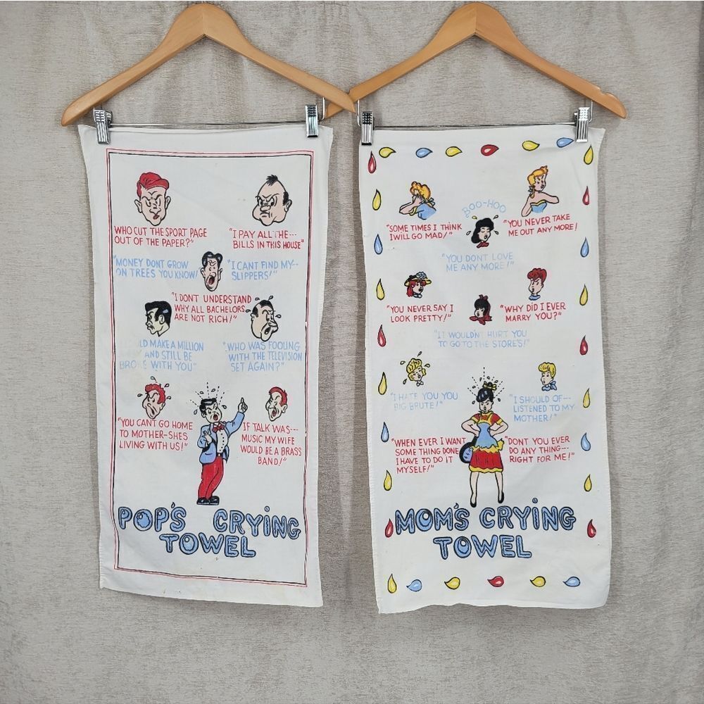 Mom's and Pop's Vintage Crying Towel with Colorful Cartoon Designs